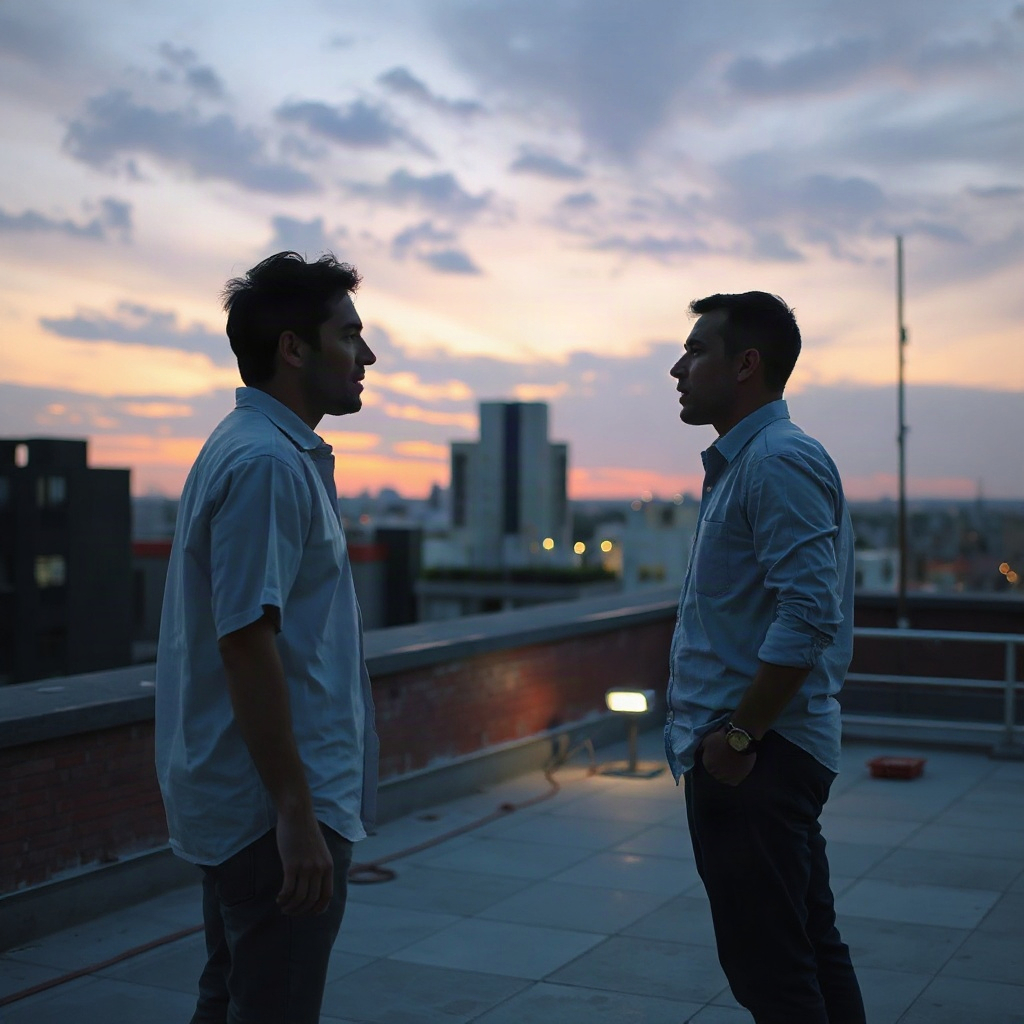 Two actors rehearsing a rooftop dialogue scene at dusk