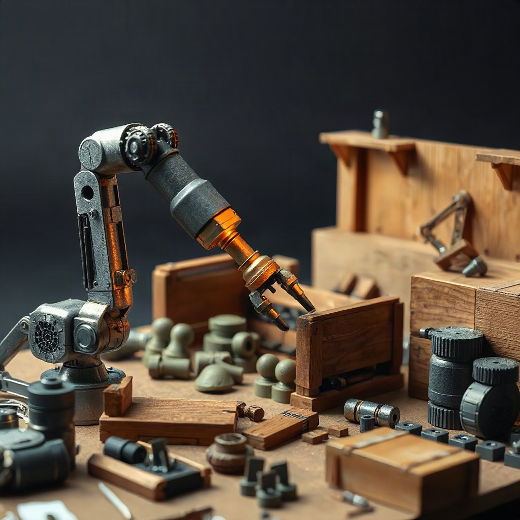 Robot arm assembling a miniature film set model
